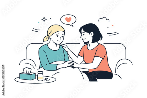 Living with chronic illness. A friendly scene showing emotional support from a friend or family member during a quiet conversation. Empathy,