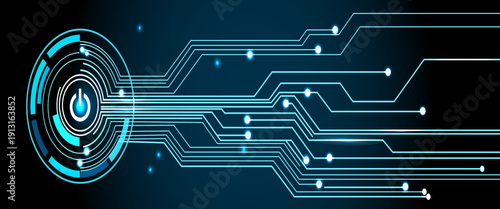 Futuristic circuit board design with glowing blue lines and dots on a dark background