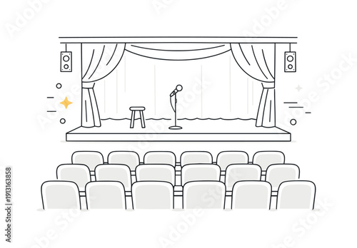 Image Generation. An empty theater awaiting an audience. Rows of neatly aligned seats facing a quiet stage, calm and anticipatory atmosphere. Editorial