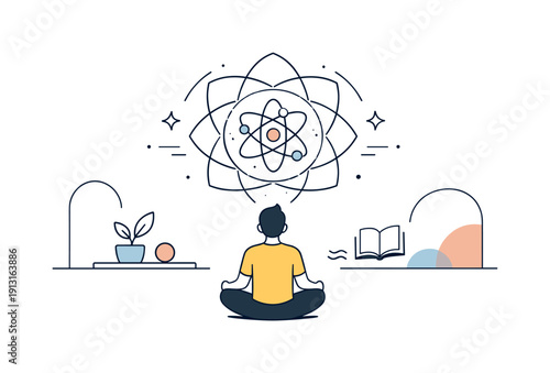 Spirituality and quantum physics. Minimal interior scene with a person contemplating a floating atom-symbol mandala, surrounded by quiet