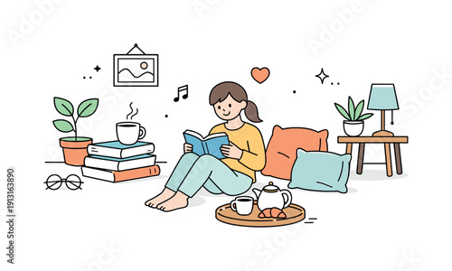 Peaceful weekend vibe. A calm scene combining leisure icons like books, plants, and cushions, expressing quiet enjoyment and a stress-free