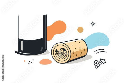 Winemaking Artistry. Winemaking detail. A cork stamped with a simple winery mark placed next to a bottle, calm artisanal mood with abstract shapes around.