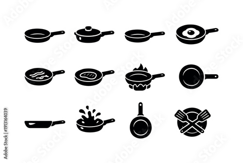 Frying Pan. Solid icon set of Frying Pan: frying pan, frying pan with lid, frying pan with handle, frying pan with egg, frying pan with