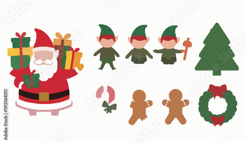 Winter holiday decoration set santa elves tree candy vector illustration