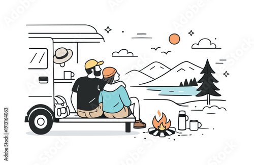 Van Life Companionship. Road trips and van life tourism ? couple travel experience. Two people enjoying van life together, sitting on the van step and watching
