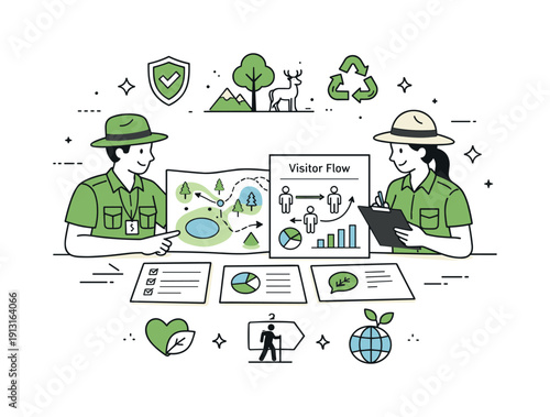 Image Generation. Managing tourism impact. Park rangers or planners review maps and visitor flow diagrams to protect nature. Prevention, care, and sustainable