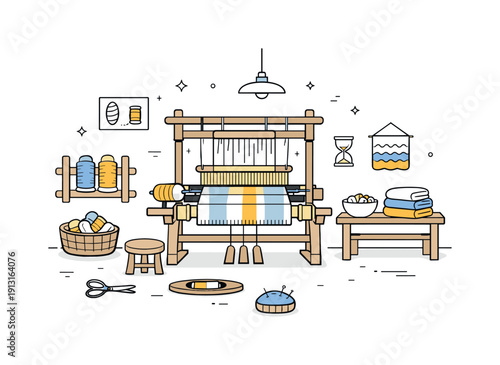 Traditional silk weaving in small workshops. Interior scene with loom, threads, and simple tools arranged neatly, no characters, emphasizing