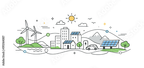 Renewable Cityscape Vision. Future powered by renewables. A simplified city powered by solar and wind energy, calm and forward-looking. Abstract energy lines