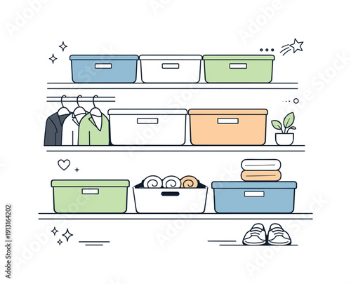 Image Generation. Custom-fit closet storage bins. A tidy closet interior with perfectly fitted storage bins aligned on shelves, creating a sense of order and