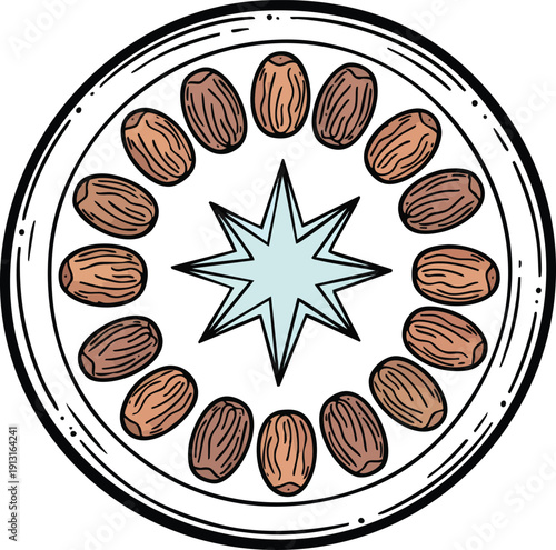 Almonds arranged in a circular pattern around a starburst centerpiece