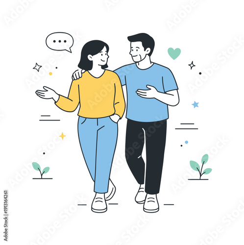 Heartfelt conversation. Two people walking slowly side by side, talking calmly with relaxed gestures. The illustration communicates openness,