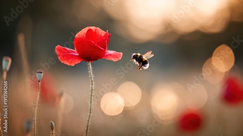 Close-up of a bumblebee flying towards a vibrant red poppy flower in a sunlit field.
