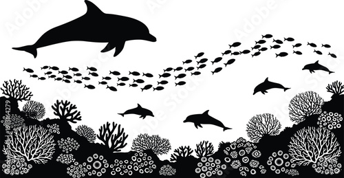 Underwater dolphin silhouettes, coral reef ecosystem, marine fish school, ocean wildlife illustration, aquatic plants, sea life conservation, black silhouette design