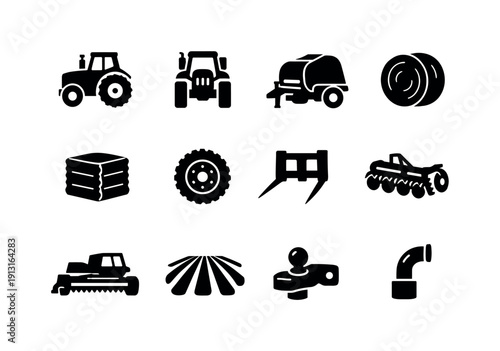Haying tractor. Solid icon set of haying tractor: tractor side view, tractor front view, hay baler, round hay bale, square hay bale, tractor