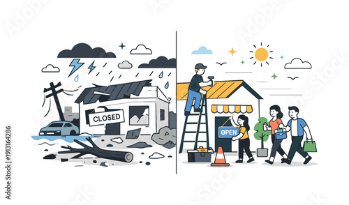 Severe weather and its impact on local economies. A split scene showing storm damage transitioning into rebuilding and reopening businesses.