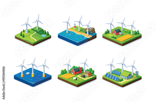 Wind energy landscapes. Isometric flat vector icons set of wind energy landscapes: wind turbines on hills, coastal wind farm, countryside
