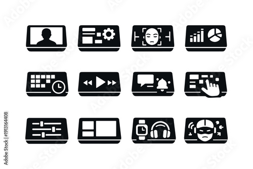 Personalized Smart Displays. Solid icon set of Personalized Smart Displays: user profile, customizable UI, facial scan, data widgets, health