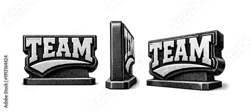 Sports team typographic emblem plaque object shown in three views including front view, side view, and angled view highlighting raised