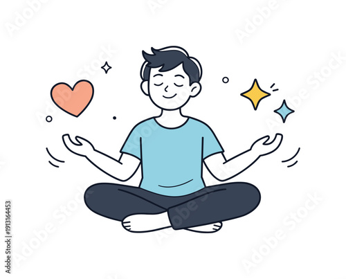 Emotional well-being achievement. A relaxed character with an open posture, gentle heart or spark symbols floating nearby. The illustration