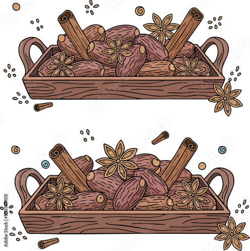 Cinnamon Bark and Star Anise in Wooden Basket