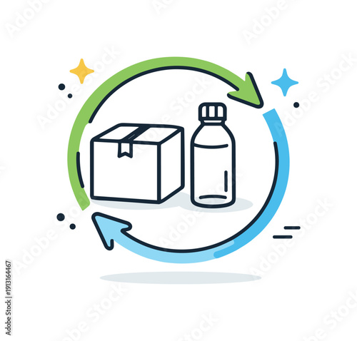 Green tech circular economy icons. Reusable packaging icon with arrows surrounding a box and bottle, showing responsible consumption and