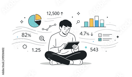People surrounded by data streams. An individual seated with a tablet as abstract numbers and charts float smoothly past, showing selective