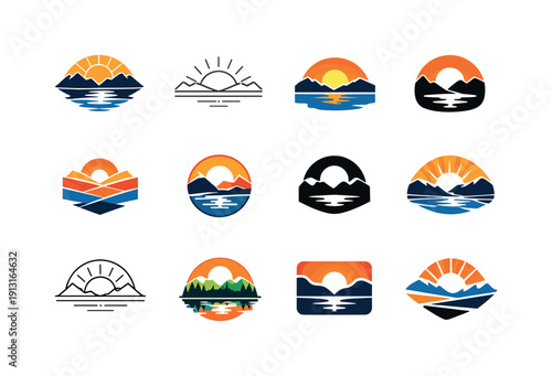 Sunrise and sunset over natural landscapes. Icon set. Set Logo of sunrise and sunset over natural landscapes: layered landscape sunset.