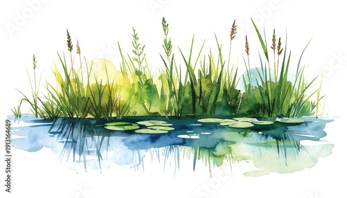 Watercolor painting of lush green reeds and lily pads on tranquil illutrastion transparent background
