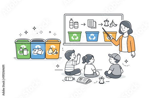 Classroom waste sorting. A recycling bin with clear symbols standing near a chalkboard, students learning how to separate waste correctly.