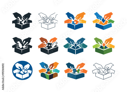 Making a family time capsule to open in the future. Icon set. Set Logo of Making a family time capsule to open in the future: family hands