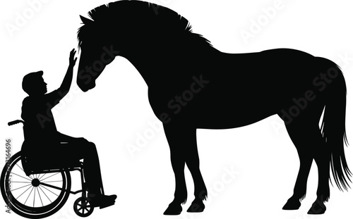 Black silhouette of person in wheelchair reaching out to touch large horse representing equine therapy animal assisted rehabilitation disability inclusion and emotional healing bonds