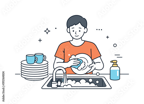 Mindful Dishwashing Scene. Washing dishes. A person calmly washing plates at the sink with soap bubbles and neatly stacked dishes nearby. Everyday routine with