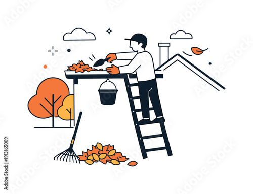 Autumn gutter maintenance. A homeowner clearing fallen leaves from gutters, trees and roofline suggested with simple shapes. Seasonal task,