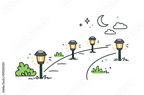 Solar garden lights. Minimal editorial scene with small solar garden lights placed along a garden path. Calm evening atmosphere, gentle glow