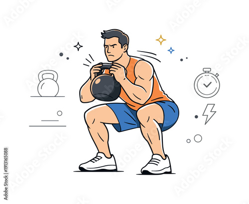 Kettlebell Power Workout. High-intensity kettlebell workout. A focused person lifting a heavy kettlebell with strong posture, visible effort and control.