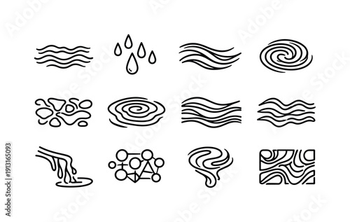 Fluid art marbling. Line icon set of Fluid art marbling: liquid surface waves, drifting paint drops, flowing pigment lines, dynamic swirl