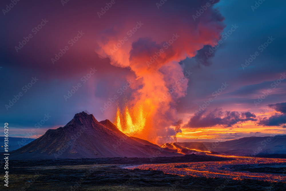 Fototapeta premium Volcanic Eruption with Flowing Lava in Iceland under a Dramatic Sunset Sky