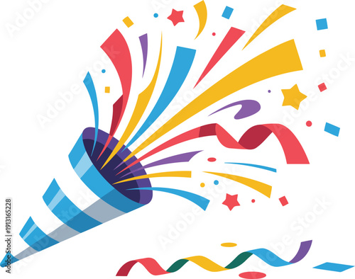A colorful party popper explodes with vibrant confetti and streamers in celebration