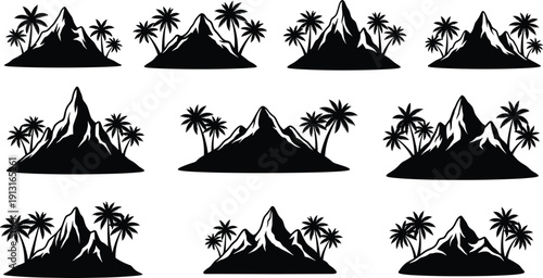 Tropical island silhouette pattern, palm trees and mountain design, black and white repetitive grid illustration, exotic paradise nature background artwork