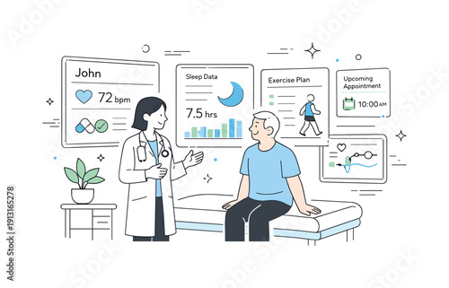 Future of healthcare. A calm clinical interior with personalized screens adjusting to an individual patient. Editorial scene expressing