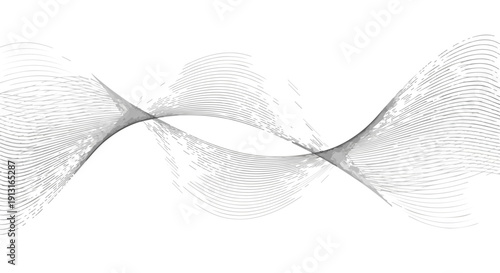 Abstract flowing lines and waves forming a dynamic pattern on a white background, representing data or sound waves.
