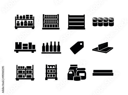 Image Generation. Supermarket Shelves. Solid icon set of Supermarket Shelves: grocery shelf, stocked shelf, empty shelf, canned food row, boxed products,