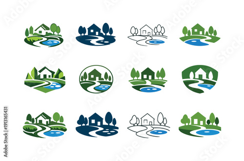 Landscapers designing gardens and yards. Icon set. Set Logo of Landscapers designing gardens and yards: landscaped yard view. harmonious logo