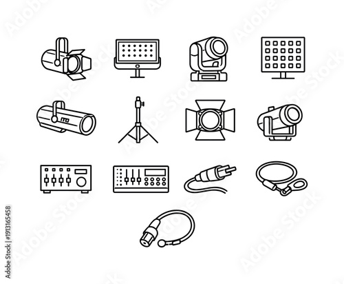 Stage Lighting Equipment. Line icon set of Stage Lighting Equipment: spotlight fixture, floodlight, moving head light, LED panel, follow