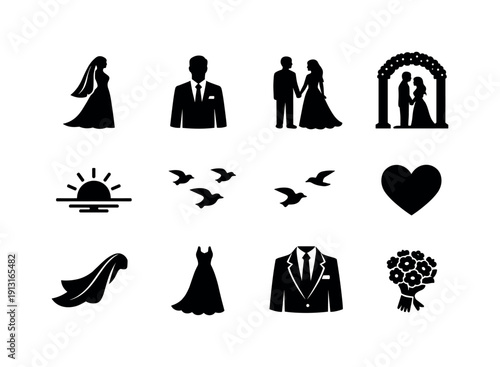 Image Generation. Romantic wedding sunset. Solid icon set of romantic wedding sunset: bride silhouette, groom silhouette, couple holding hands, couple under