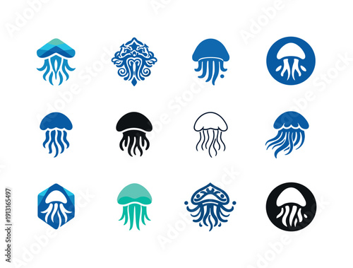 Ocean biodiversity. Icon set. Set Logo of Ocean biodiversity: jellyfish. harmonious logo variations of the same emblematic concept, each with