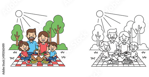 Happy Family Picnic in the Park - Coloring Page and Colored Version