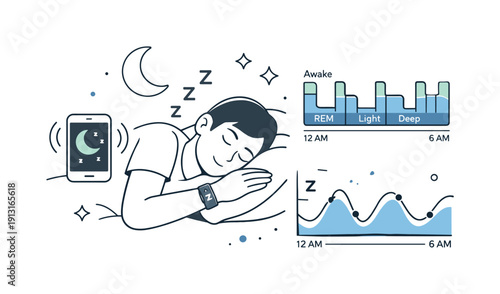 Sleep tracking technology. Editorial night-time scene with a person resting while a wearable device tracks sleep, soft moon and stars icons