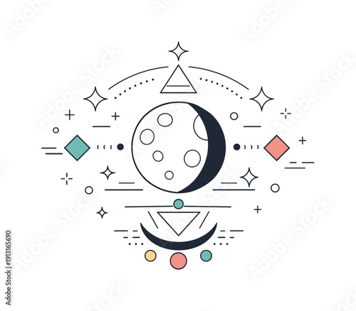 Abstract lunar magic. The moon surrounded by geometric shapes, dots, and lines forming a symbolic magical composition. Modern mystical mood