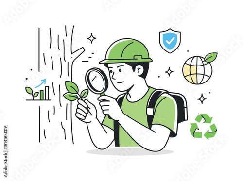 Tree health inspection. An arborist examining tree bark and leaves closely, thoughtful and attentive. Small icons suggest growth, safety, and